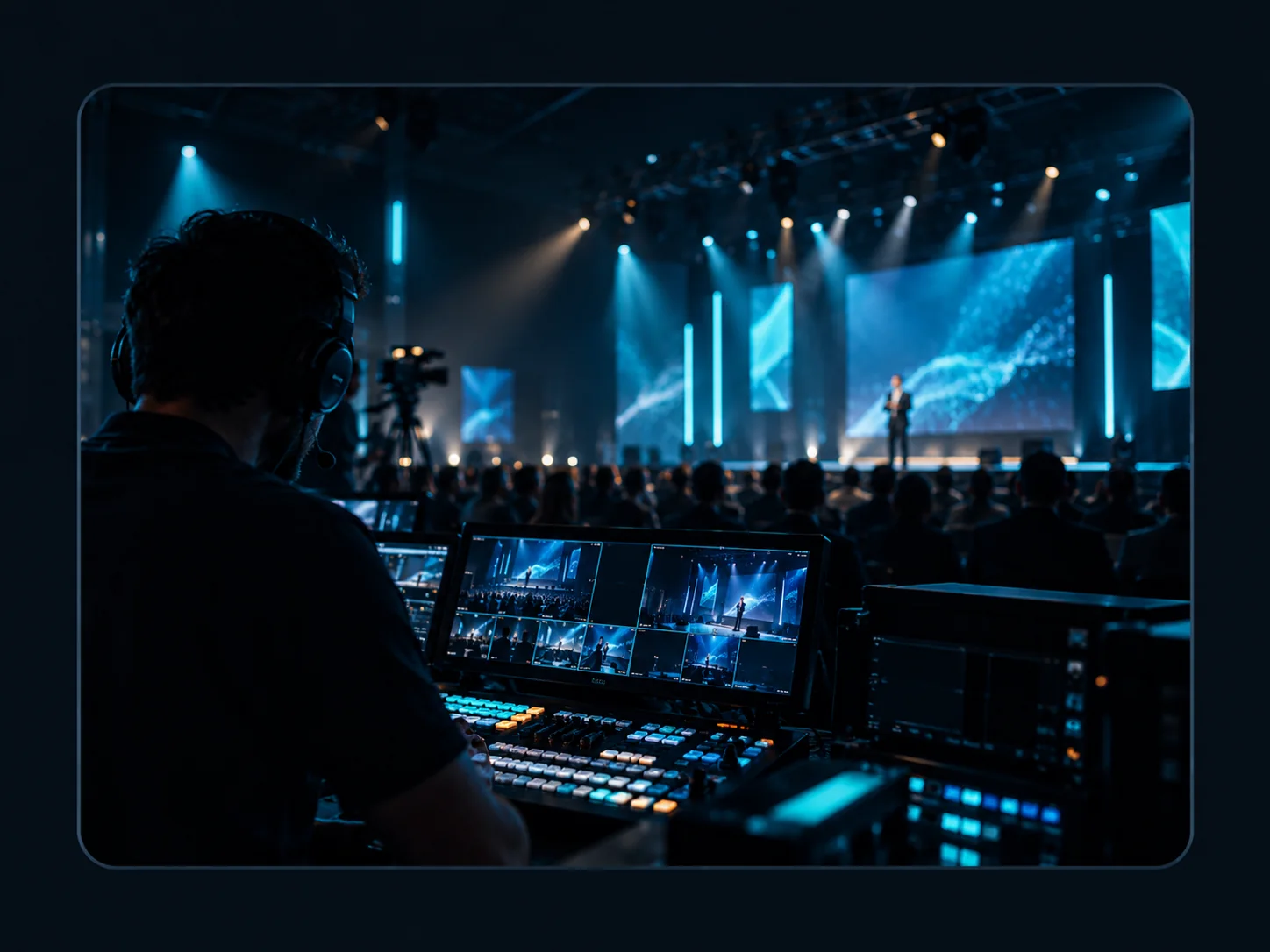 Producción técnica de evento corporativo con pantallas y sonido